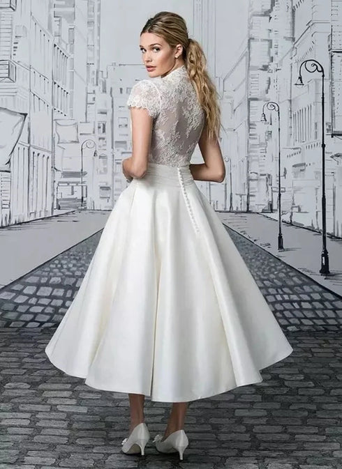 Princess Short Wedding Dresses Tea-Length Cap Sleeve V-Neck Lace Appliques A-Line Satin